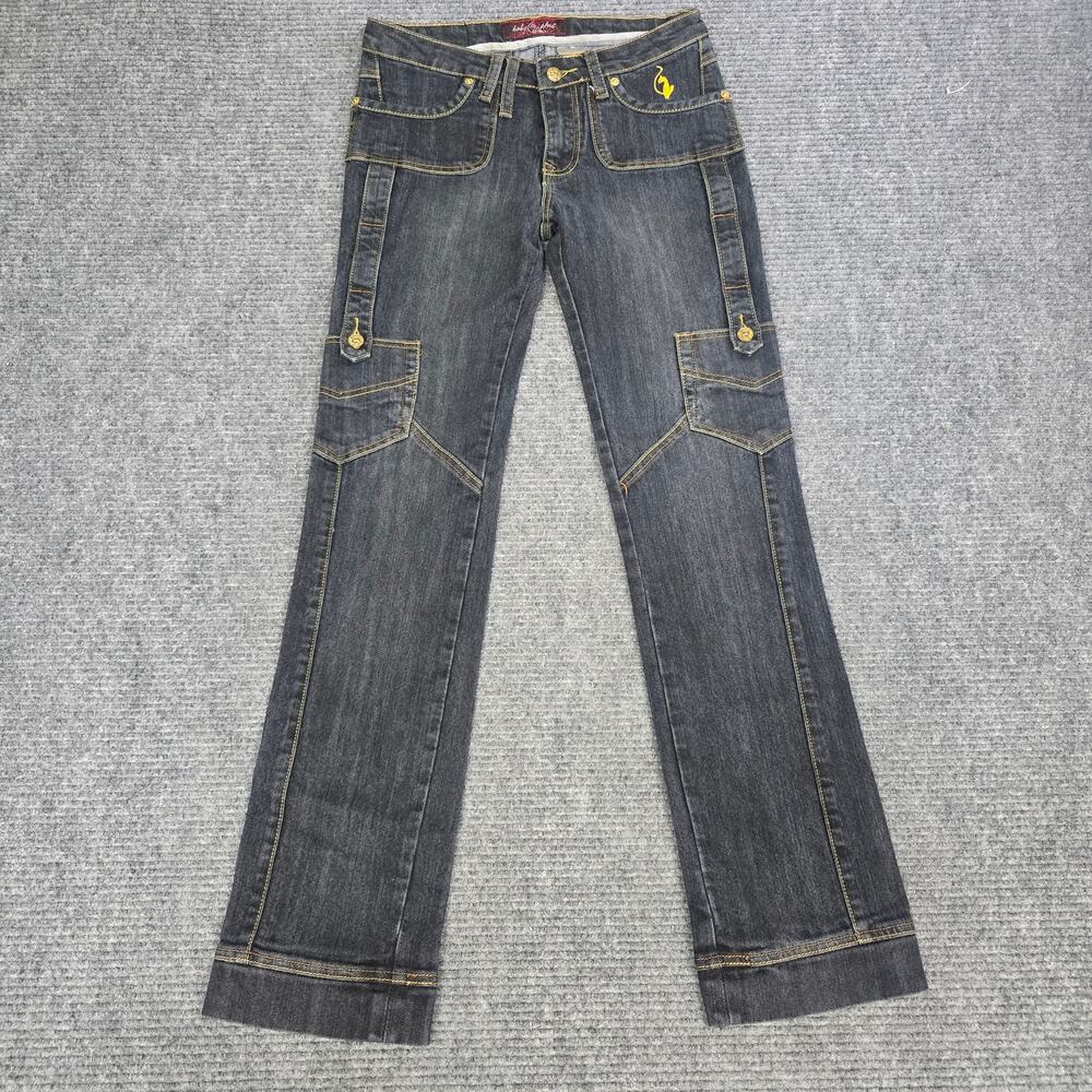 VTG Y2K Baby Phat Cargo Jeans Printed Graphic Spellout Dark Wash Womens Sz 5/6